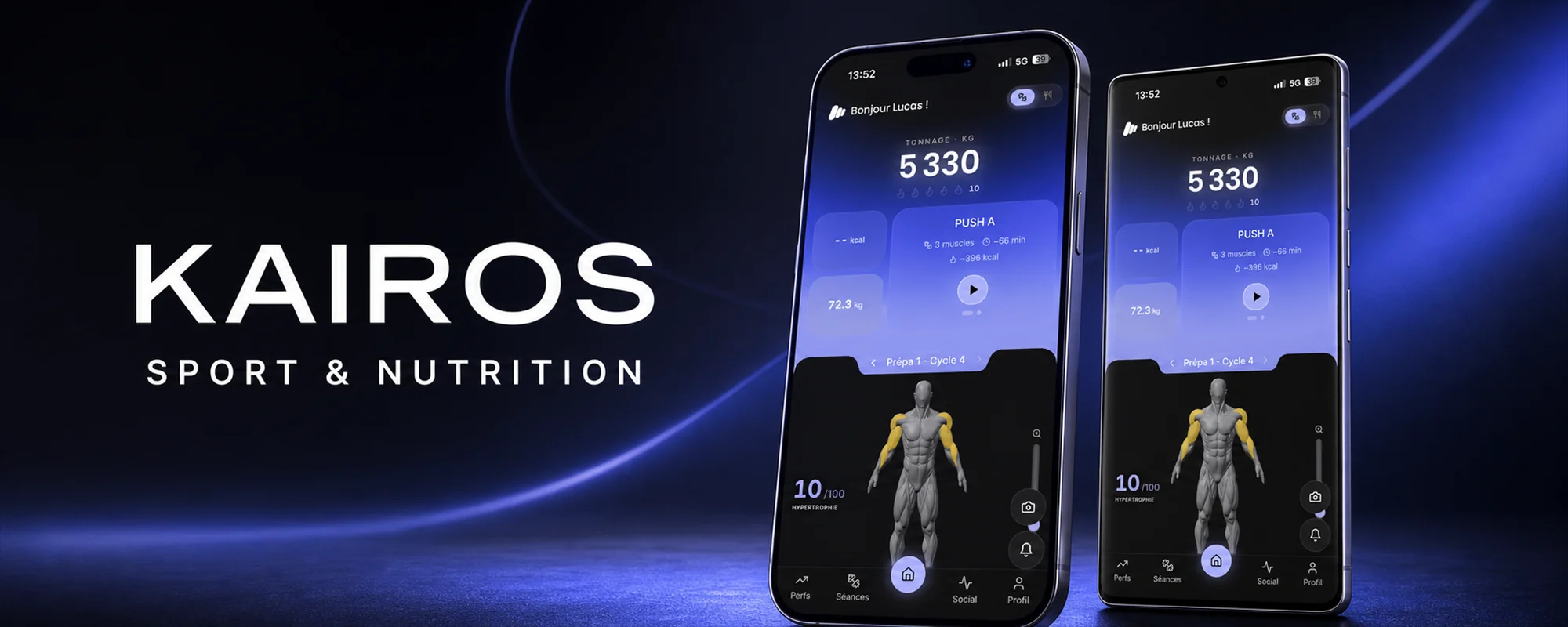 Application Kairos Sport & Nutrition sur deux téléphones : écran d’accueil avec tonnage, séance du jour et carte musculaire.