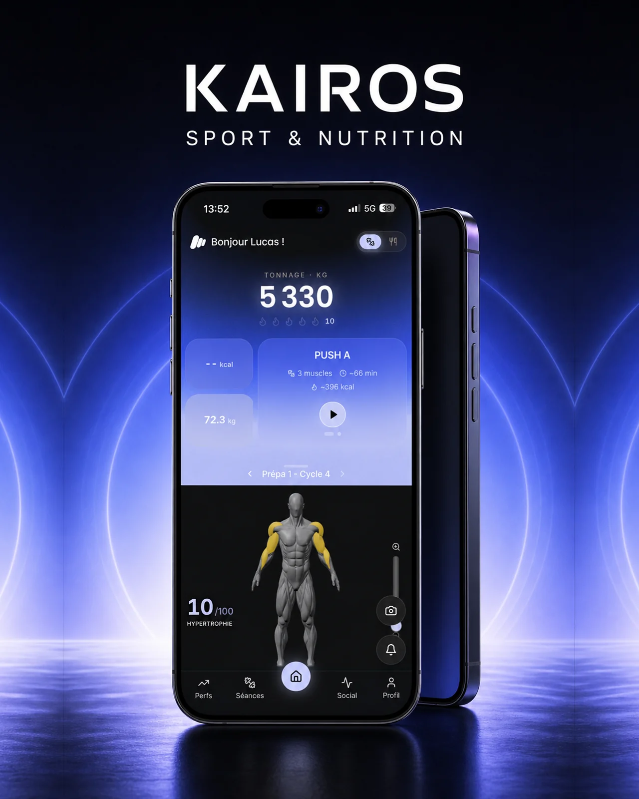 Écran d’accueil de l’application Kairos Sport & Nutrition : tonnage, séance Push A et carte musculaire interactive.
